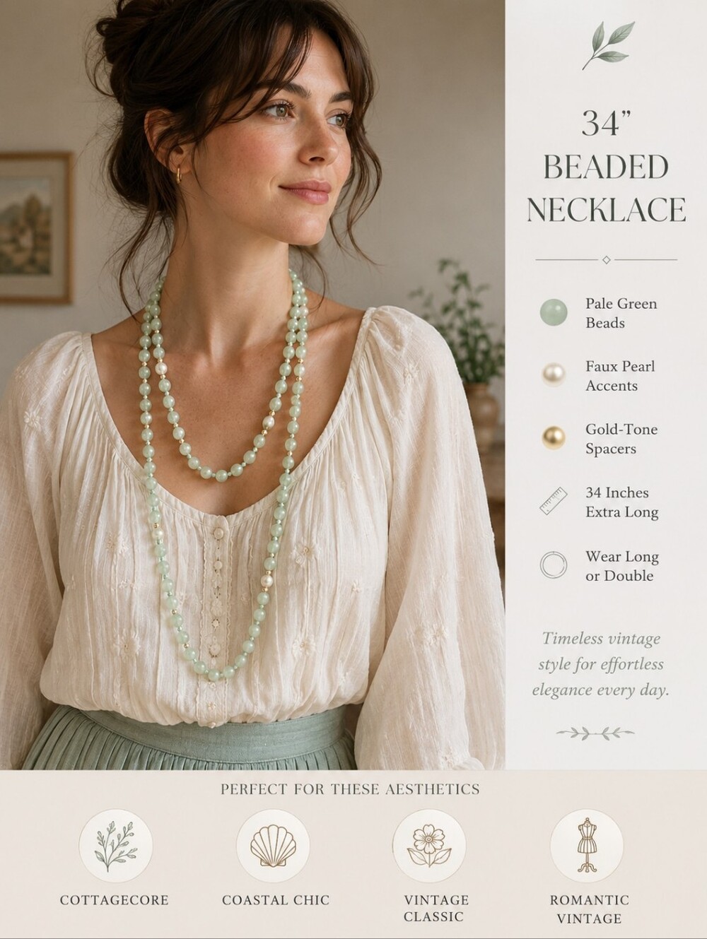 Vintage 34" Pale Green Beaded Long Necklace | Double Strand Look